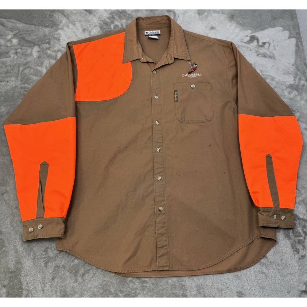Columbia Upland Shirt Mens Large Brown Blaze Orange Pheasant Hunting Vintage Y2K